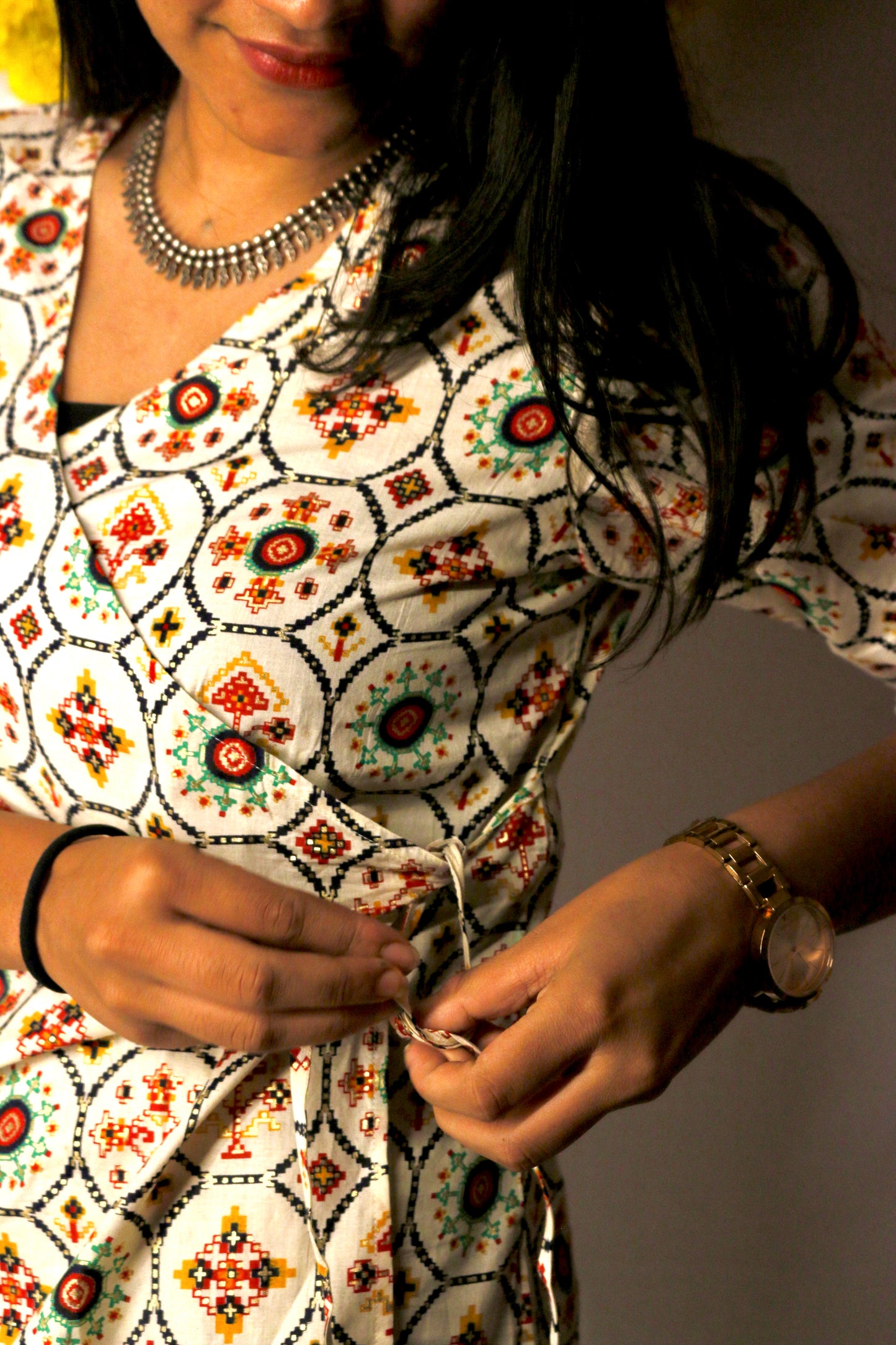 Cream printed angrakha