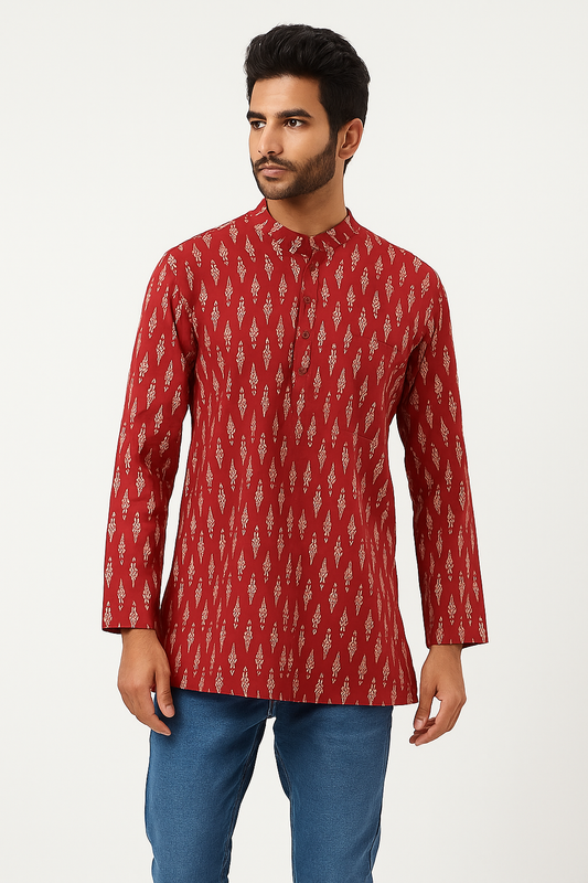 Men's Red Ikat Printed short kurta