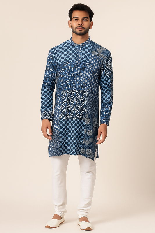 Men's printed patched indigo kurta
