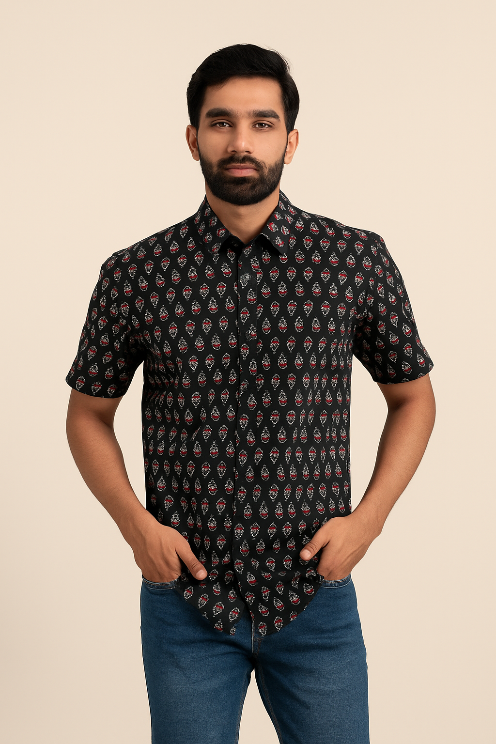 Men's black block printed half sleeve shirt