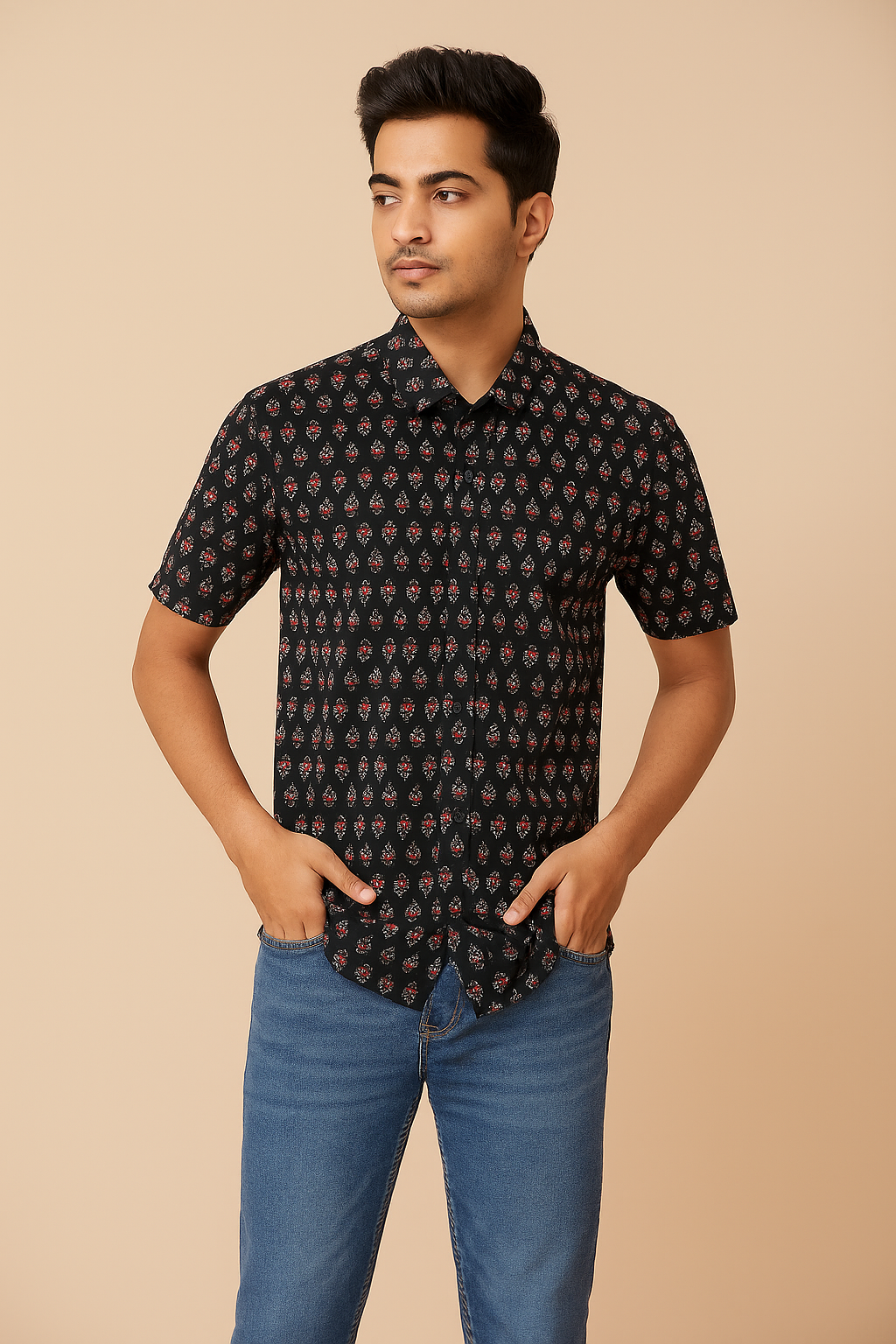 Men's black block printed half sleeve shirt