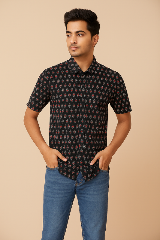 Men's black block printed half sleeve shirt