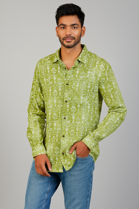 Men's green block printed shirt