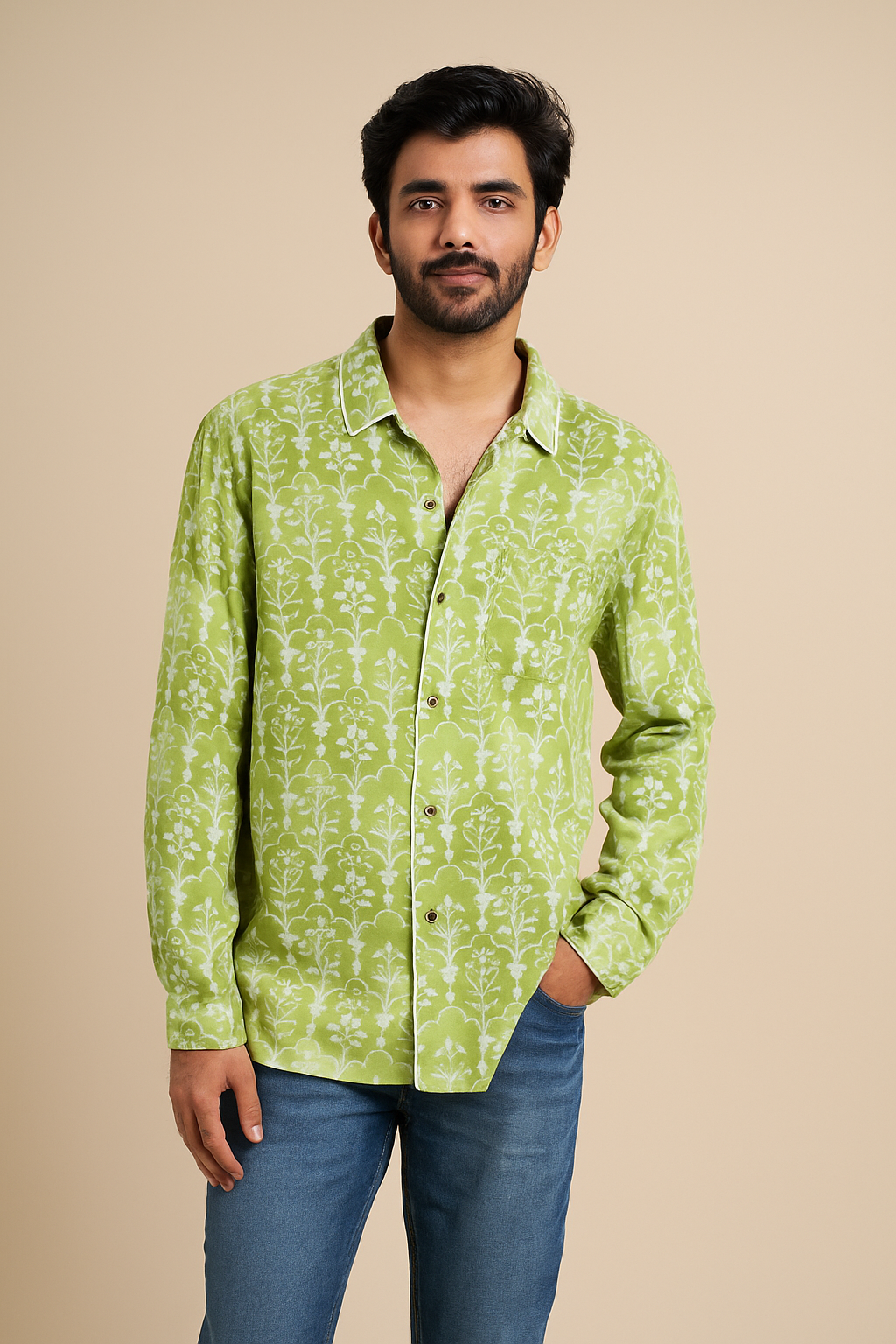 Men's green block printed shirt