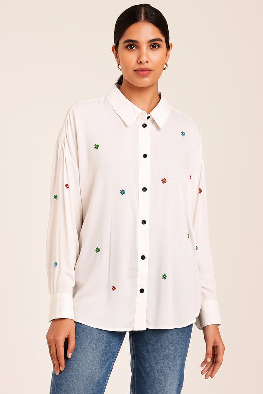 Multi colored flower embroidered shirt