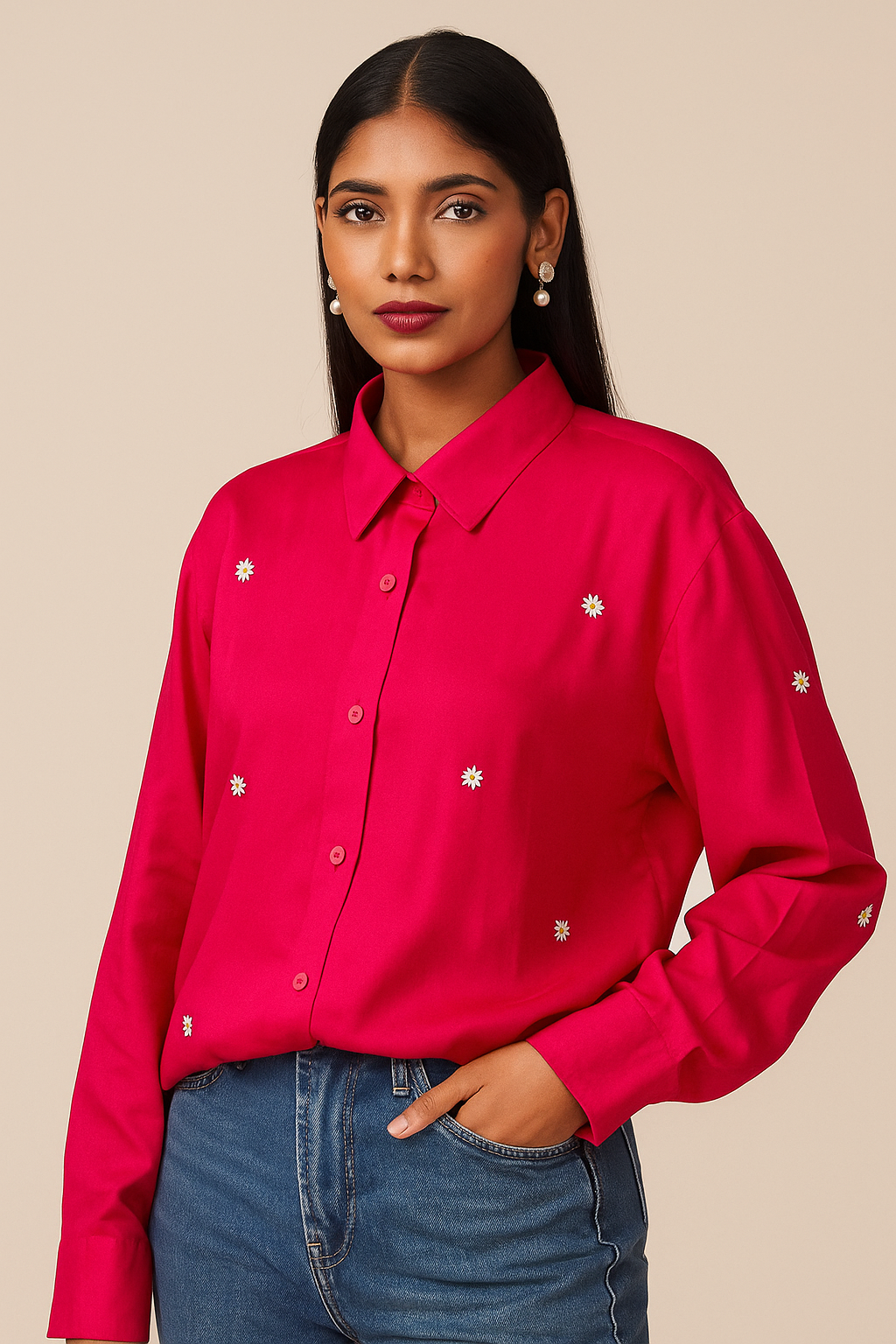 Pink daisy embroidered shirt