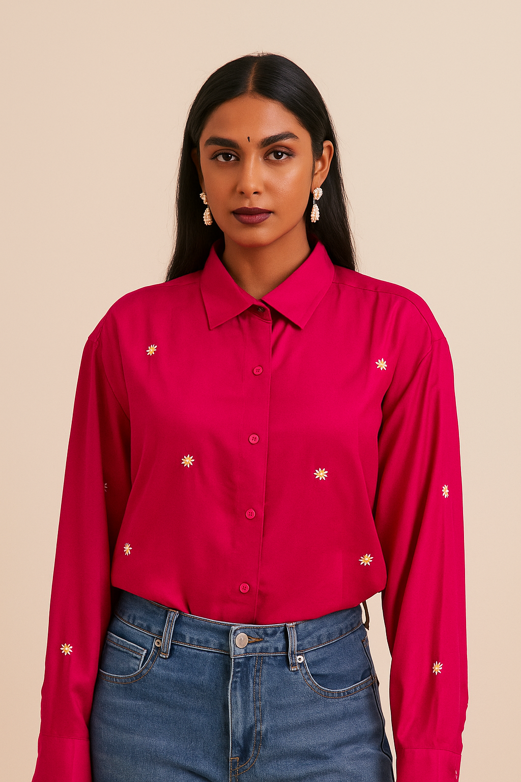 Pink daisy embroidered shirt