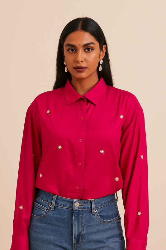 Pink daisy embroidered shirt