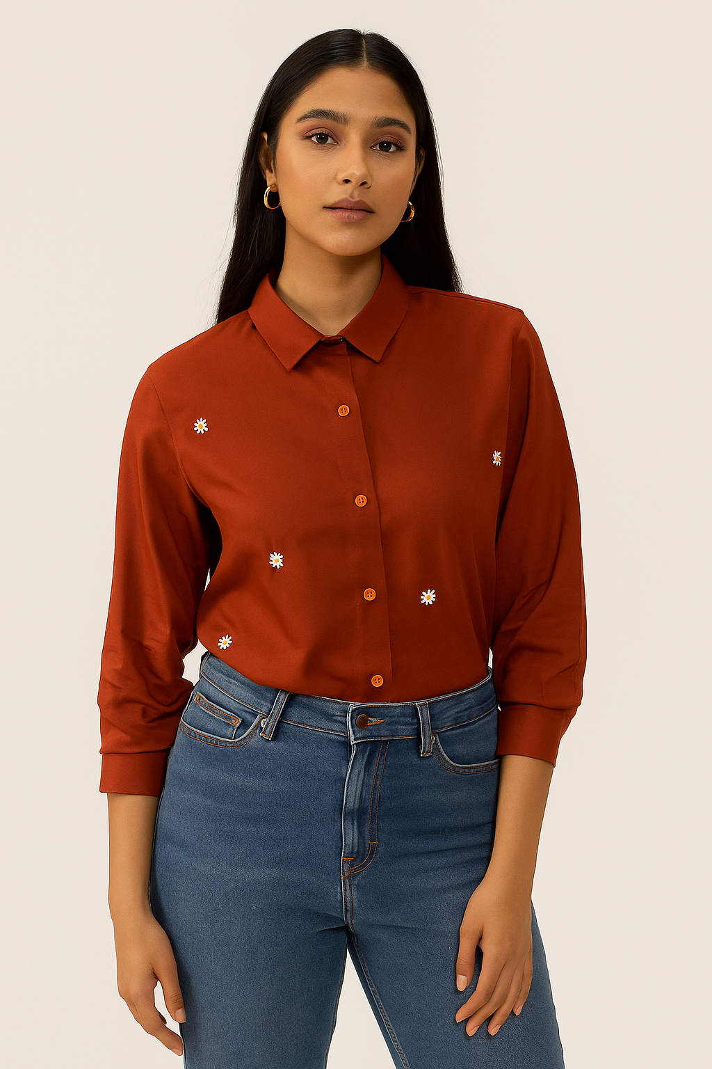 Rust daisy embroidered shirt