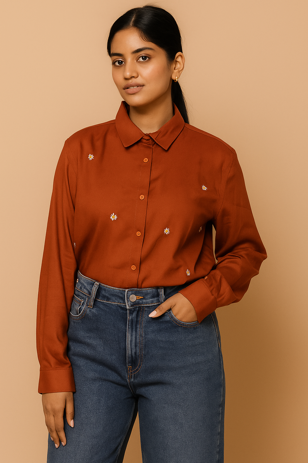 Rust daisy embroidered shirt