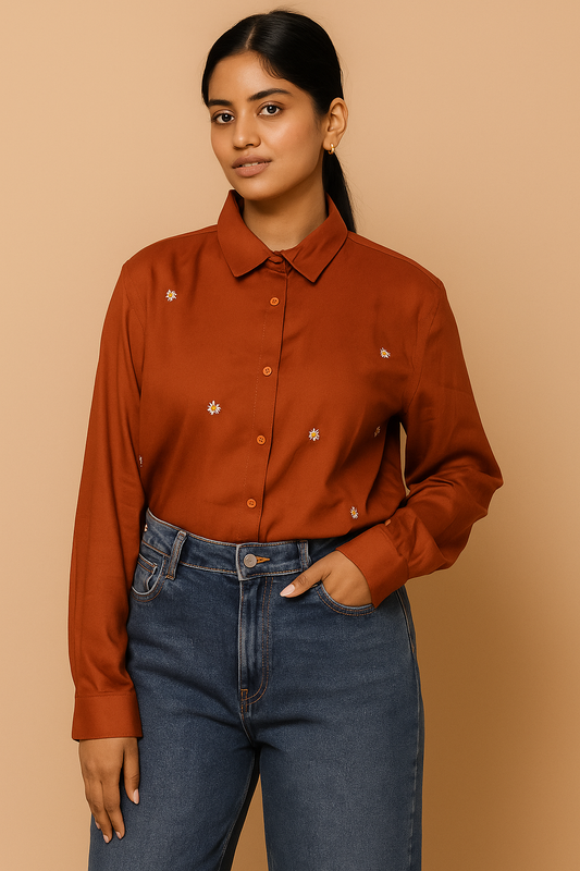 Rust daisy embroidered shirt