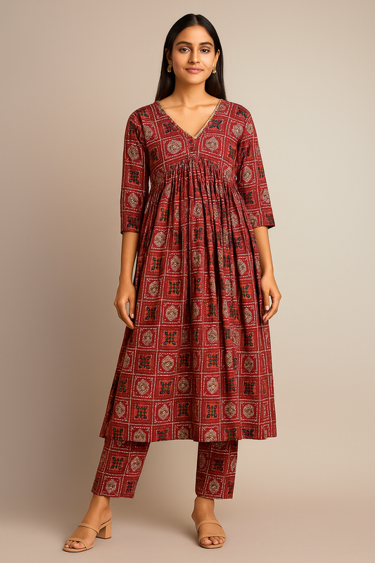 Maroon Bandhani kurta pant set