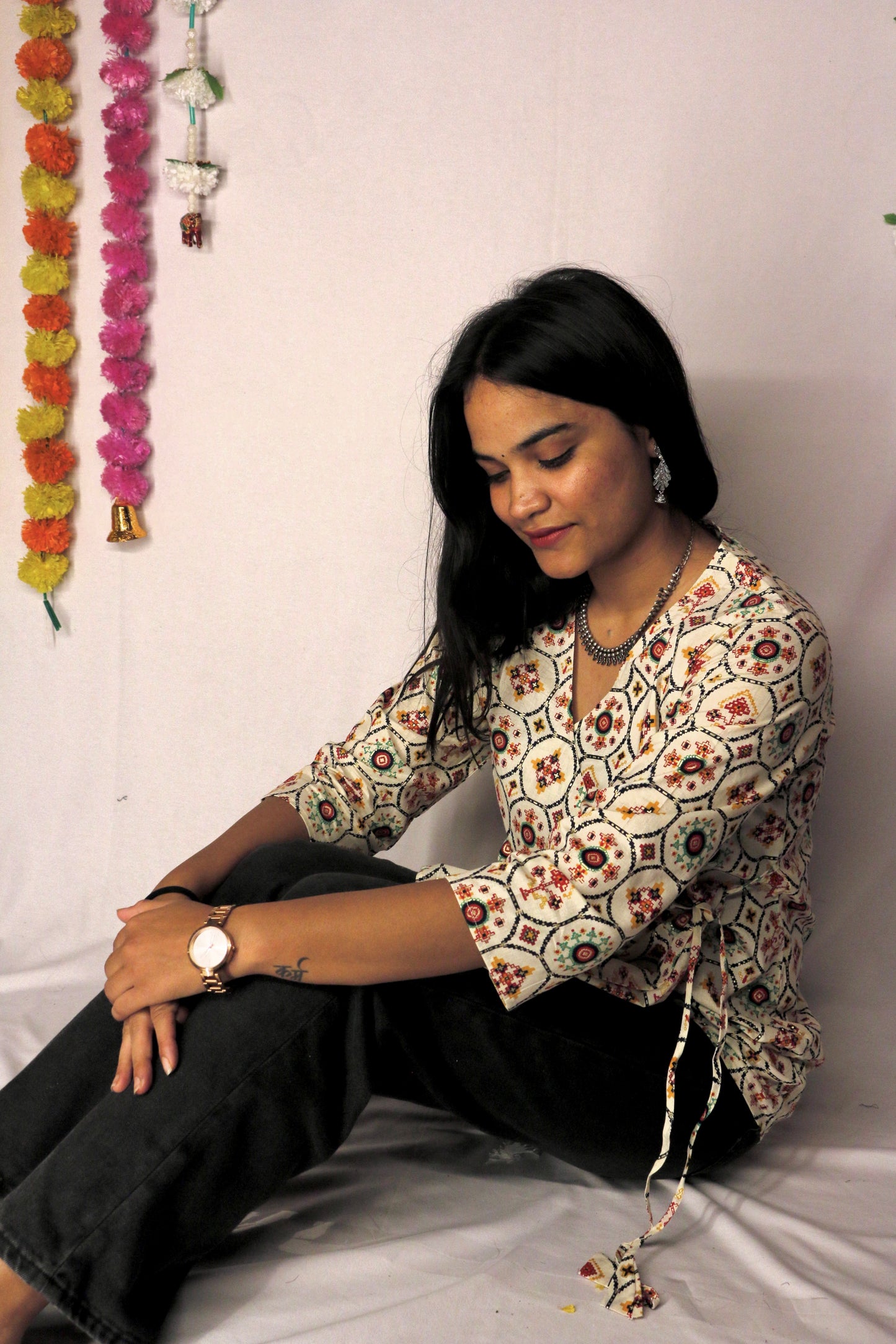 Cream printed angrakha