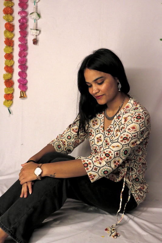 Cream printed angrakha