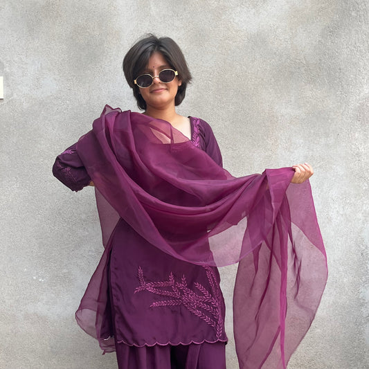 Plum embroidered farahi salwar suit set