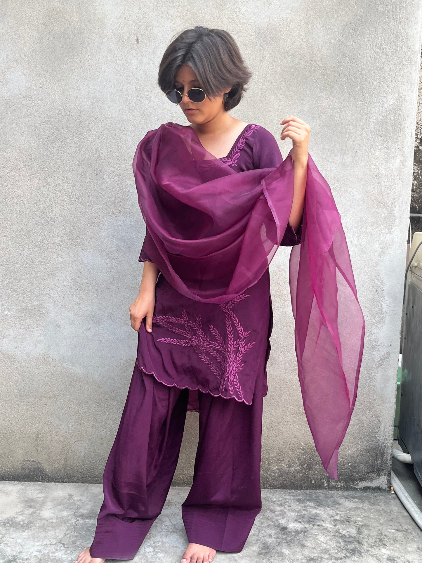 Plum embroidered farahi salwar suit set