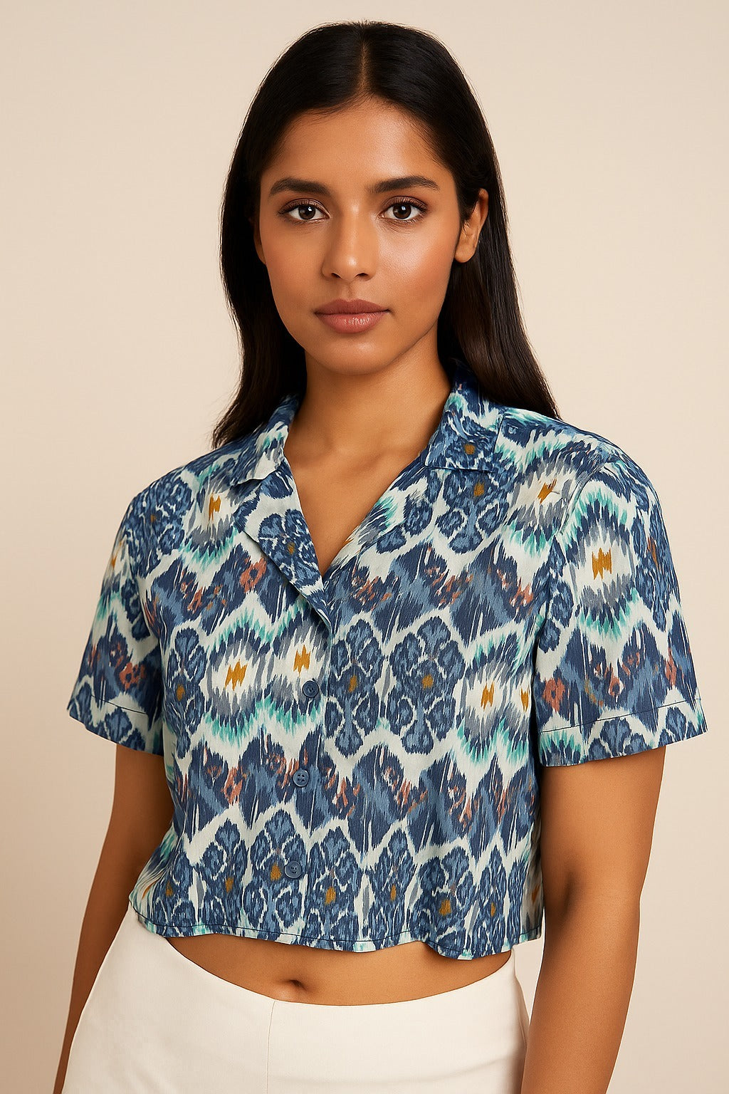 Blue ikat crop shirt
