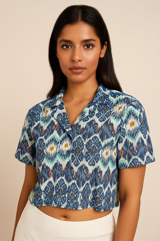 Blue ikat crop shirt