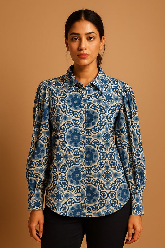 Blue geometric design shirt