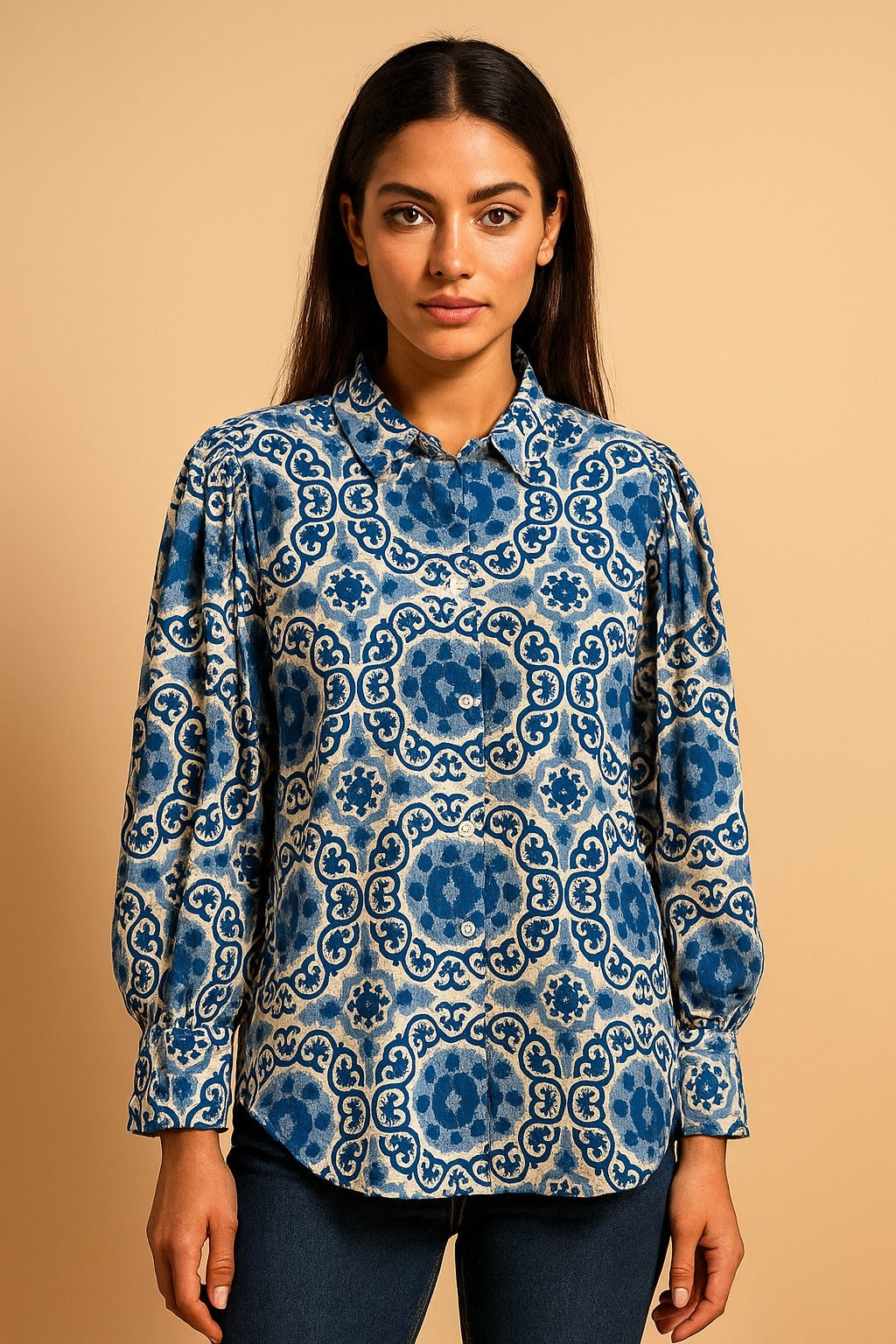 Blue geometric design shirt